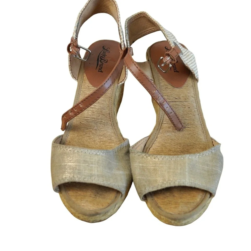 Lucky Brand Espadrille Wedge Sandals Womens 8.5 Tan Jute Ankle Strap Boho Beachy